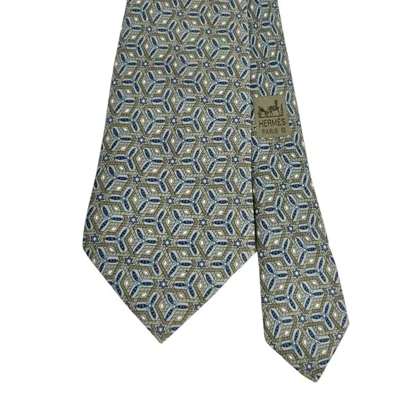 Hermes Men's Tie Geometric Star Kaleidoscope Green/Navy Silk 7662 TA 3.5 x 59